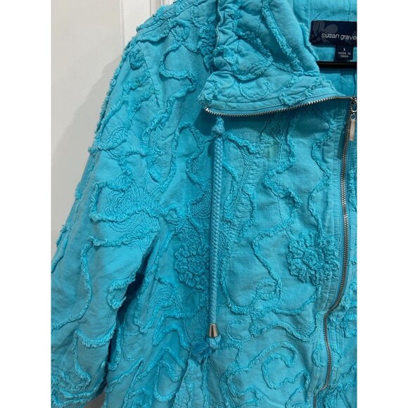 Susan Graver Style Womens Textured Turquoise Jacket Size L Full Zip Cotton Casua - Picture 4 of 10